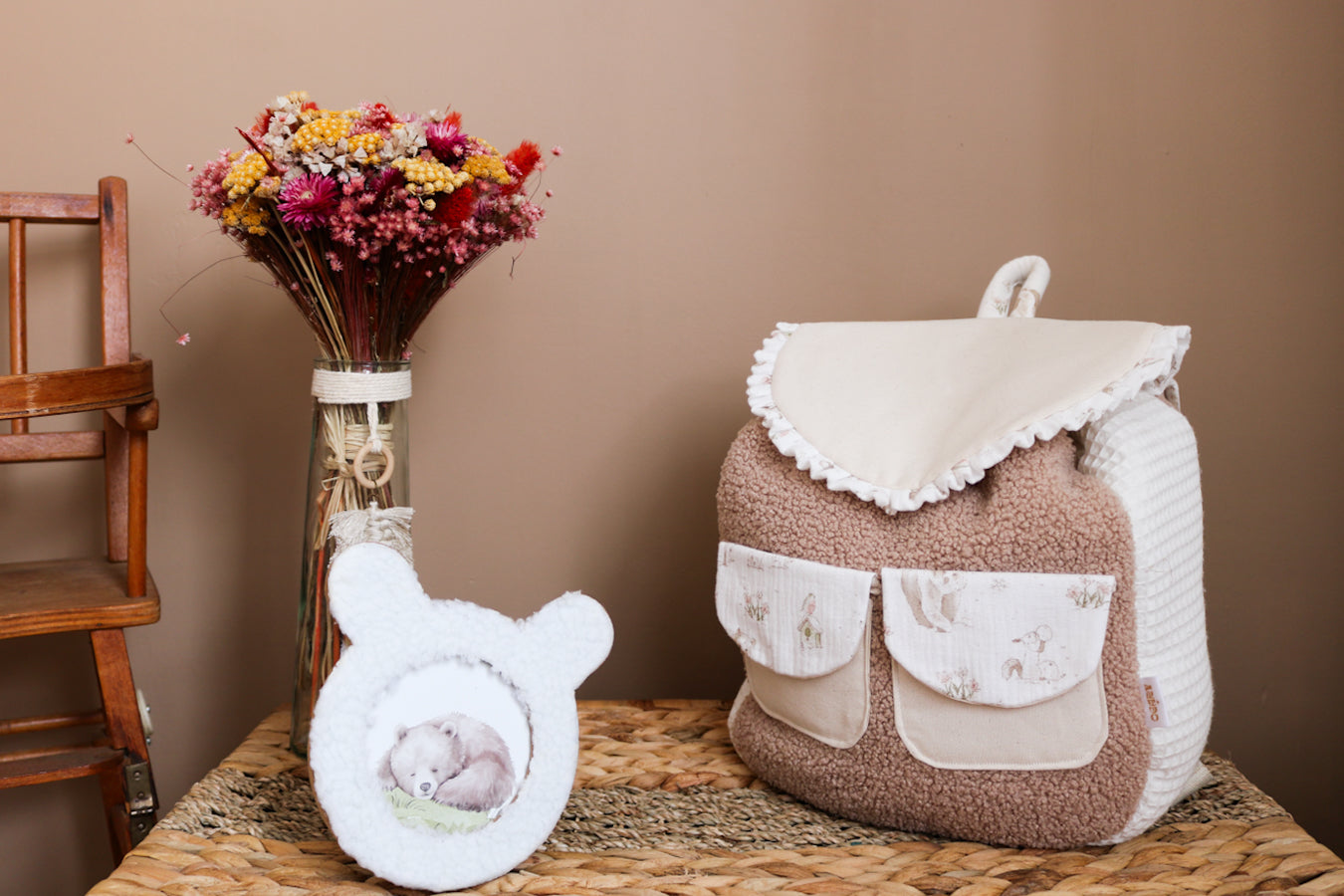 En Stock ◉ - Sac à Dos Enfant Fait Main – Beige, Forêt Enchantée - Fille