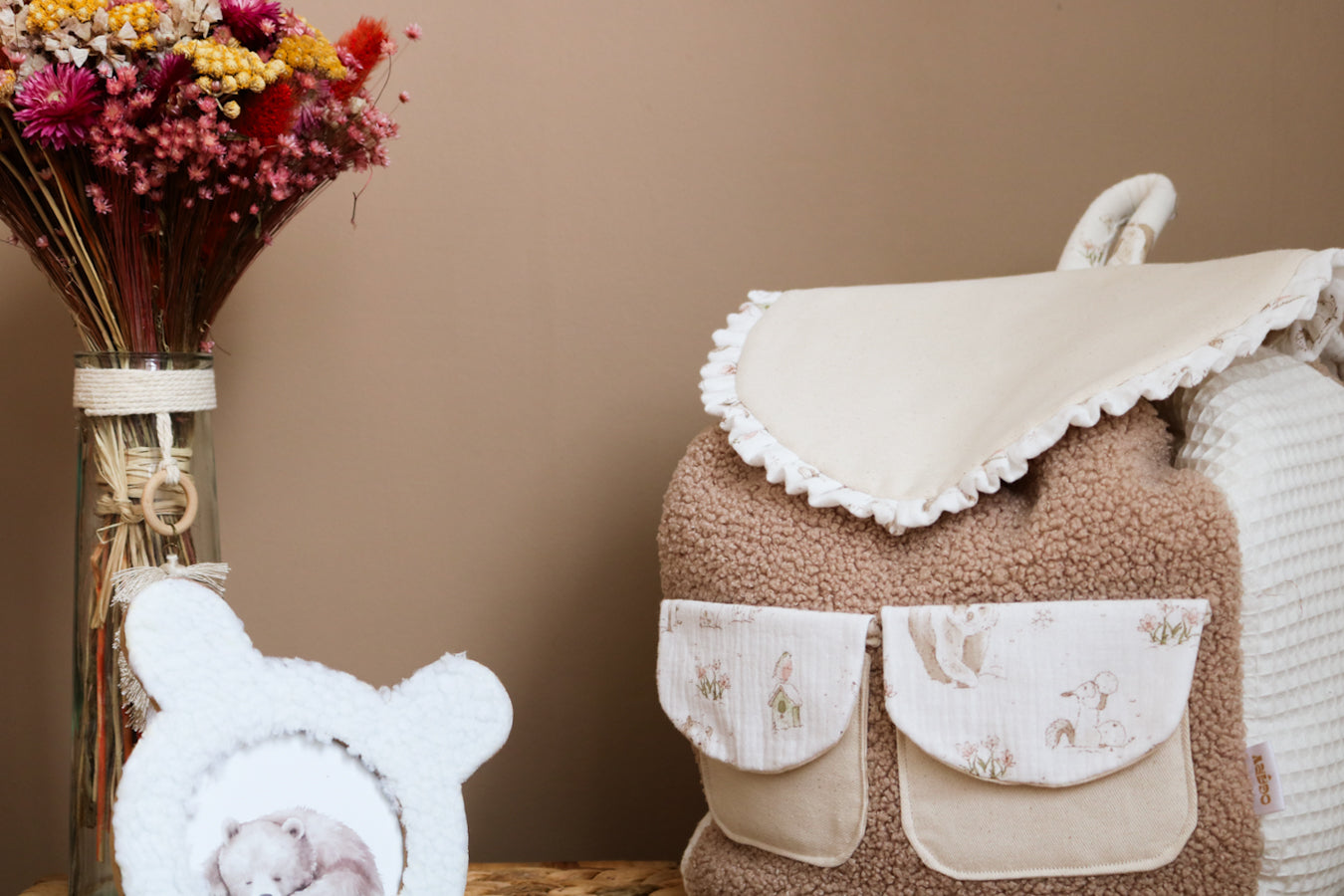 En Stock ◉ - Sac à Dos Enfant Fait Main – Beige, Forêt Enchantée - Fille